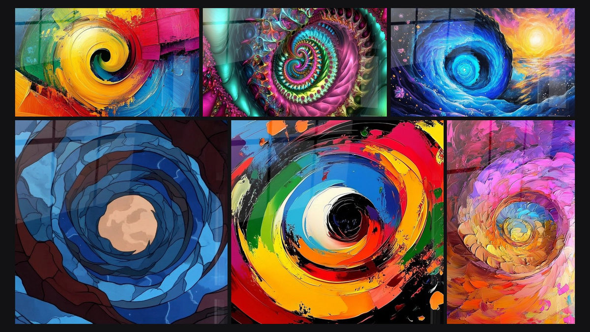 Mosaïque de six tableaux, dont Spirale colorée multicolore, Spirale cosmique bleue et Spirale multicolore