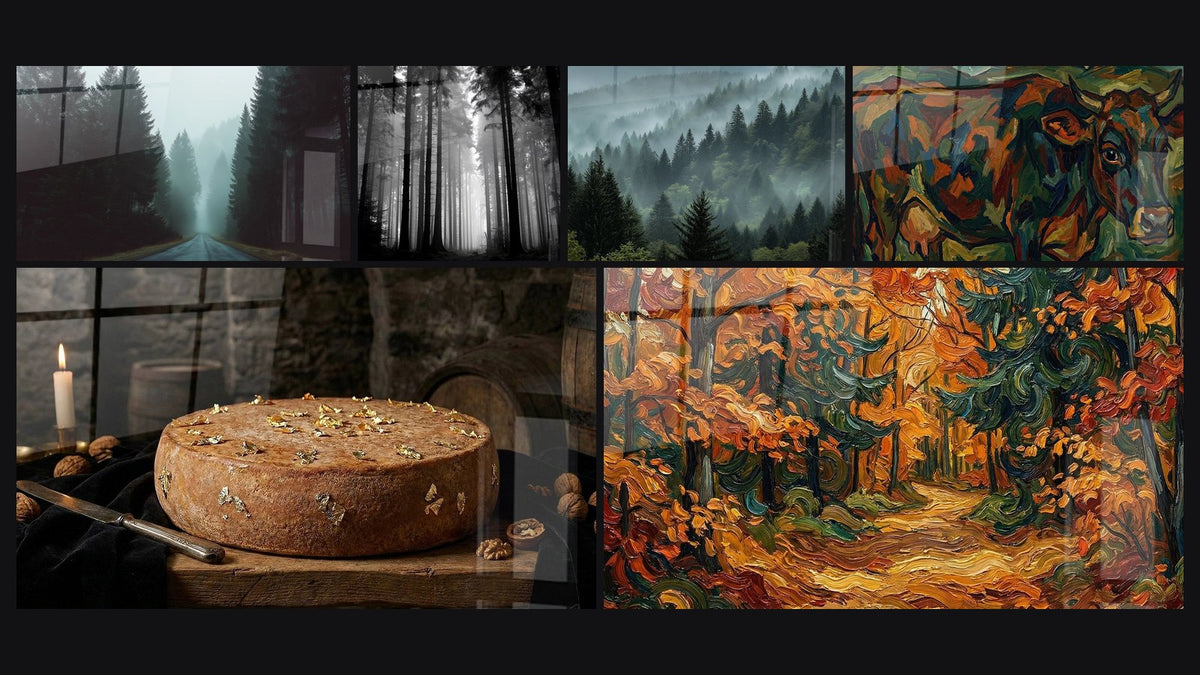 Mosaïque de six tableaux, dont Route Forestière Vosges, Forêt de Sapins dans la Brume et Forêt Vosgienne dans la Brume