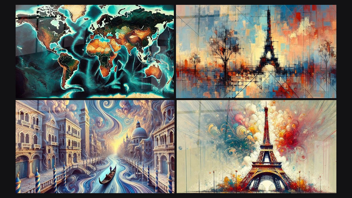 Mosaïque de quatre tableaux, dont Carte du Monde N°1, Venise N°3 et Paris N°1
