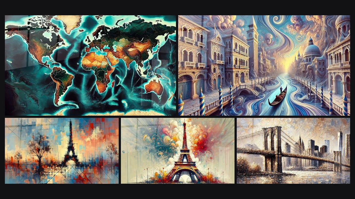 Mosaico di cinque quadri, tra cui Mappa del Mondo N°1, Parigi N°1 e Torre Eiffel N°1