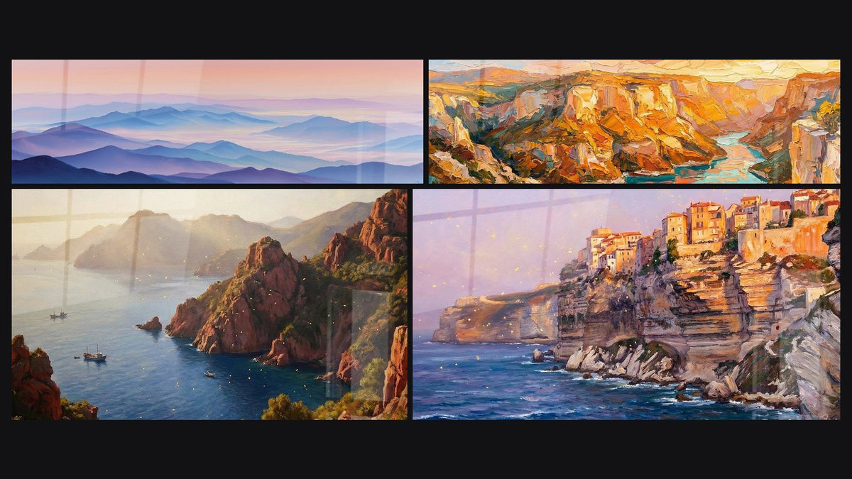 Mosaïque de quatre tableaux, dont Montagnes Pyrénées, Canyon Rocheux et Côte Rocheuse Méditerranéenne
