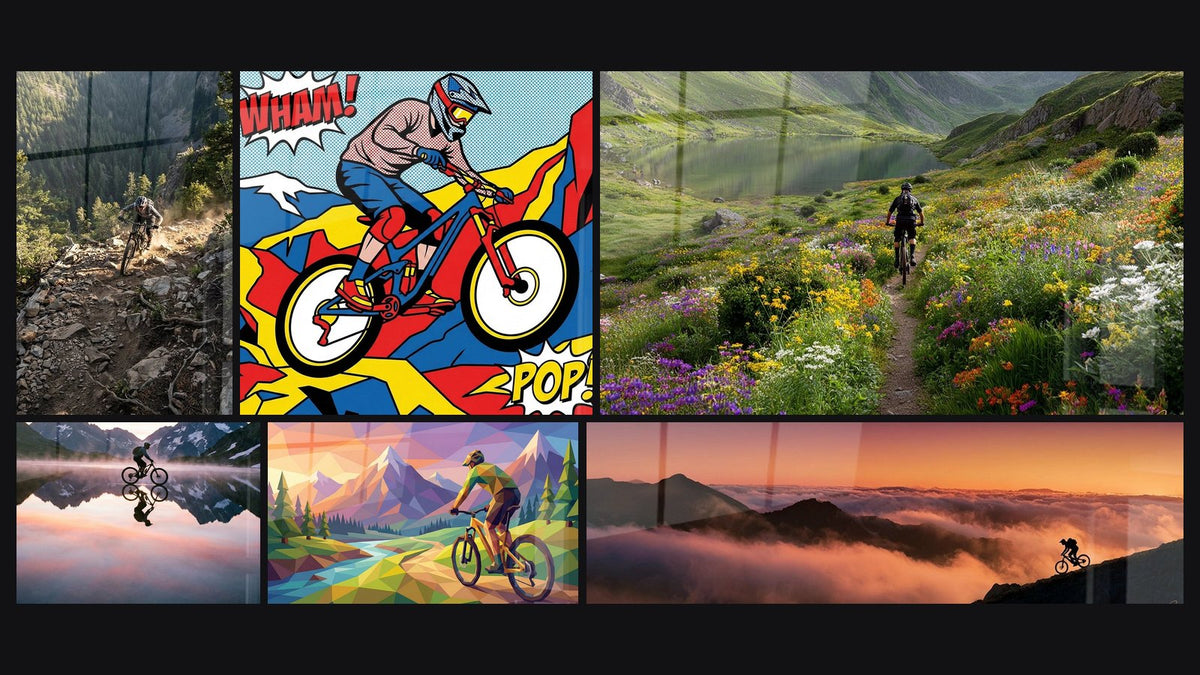 Mosaik aus sechs Gemälden, darunter Mountainbike-Abfahrt Berg, Mountainbike Pop Art und MTB-Gebirgstabelle Geometrisch