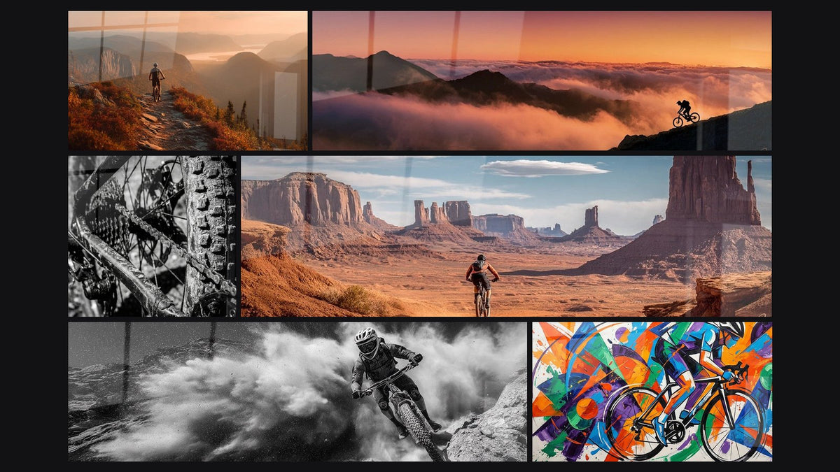 Mosaico de seis cuadros, entre ellos BTT Senderismo Otoño Panorama, BTT Transmisión Lodosa y BTT Montaña Nubes