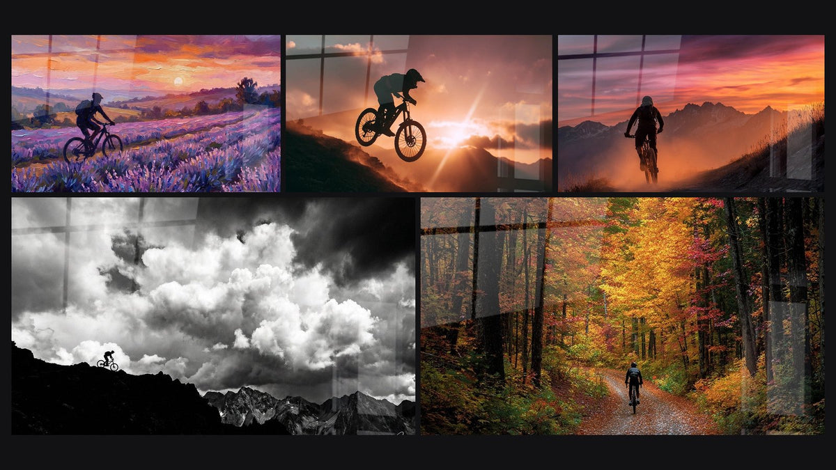 Mosaik aus fünf Gemälden, darunter Mountainbike Sprung Sonnenuntergang, Mountainbike Sonnenuntergang Berg und MTB-Gebirge