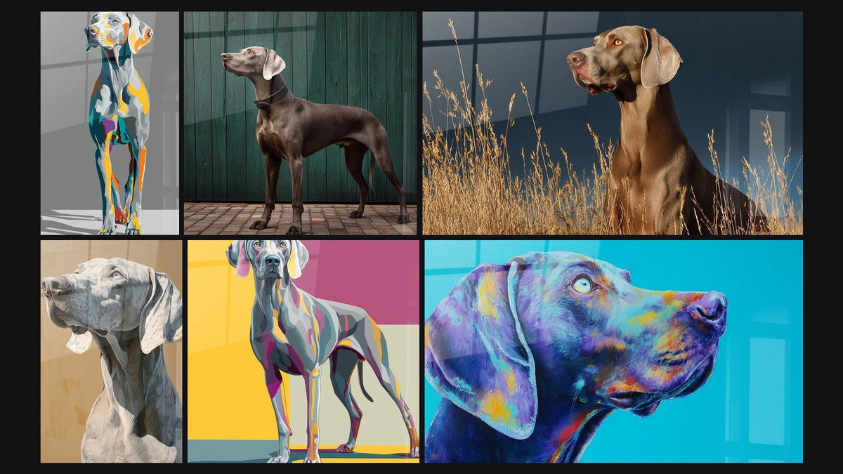 Mosaïque de six tableaux, dont Weimaraner Gris au Regard Noble et Chien Multicolore Géométrique