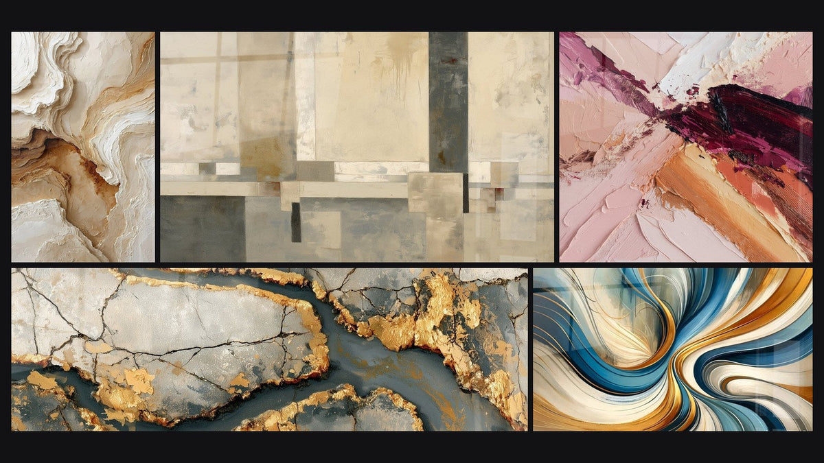 Mosaïque de cinq tableaux, dont Abstrait Texturé Beige et Ocre et Marbrure dorée aux failles anthracite