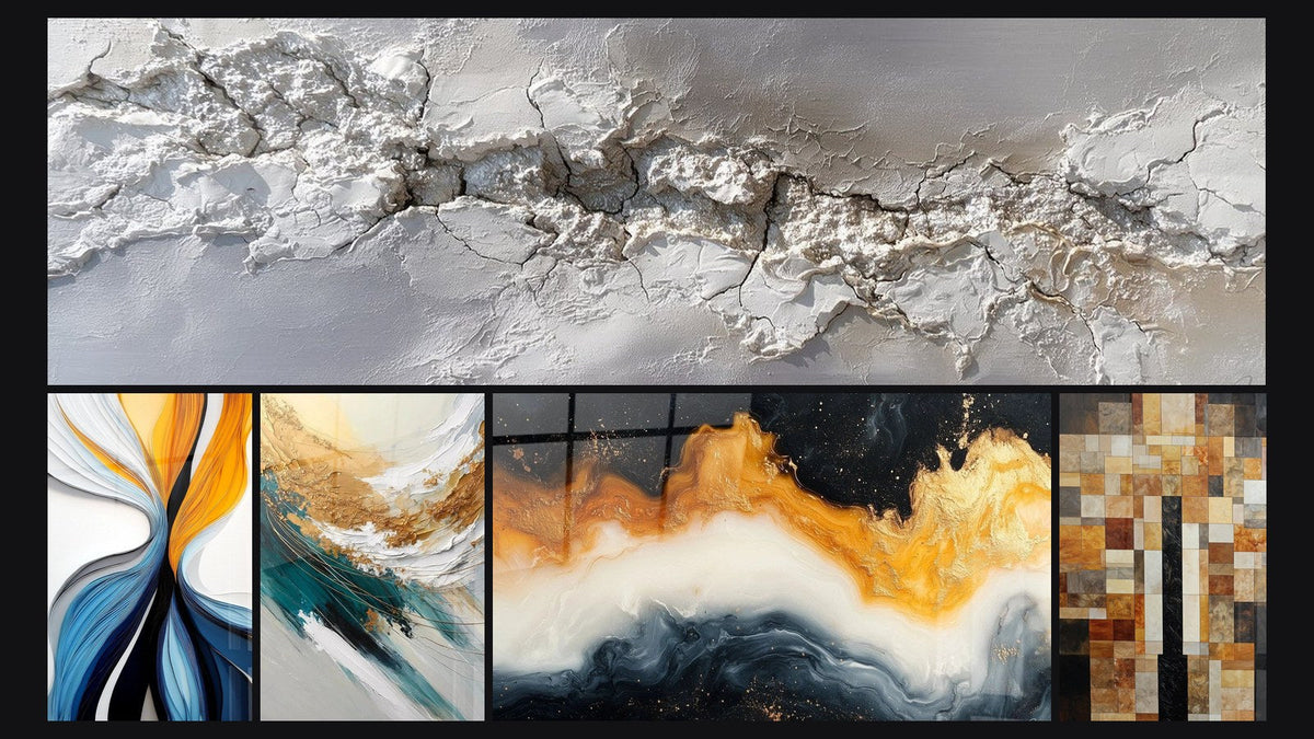 Mosaïque de cinq tableaux, dont Flux dynamiques colorés, Crête d'Or et d'Écume et Marée Éternelle Dorée