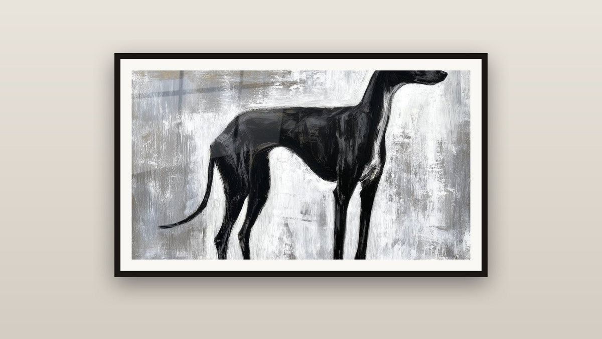 Tableau encadré sur un mur : Lévrier Noir Élégant sur Fond Gris Texturé