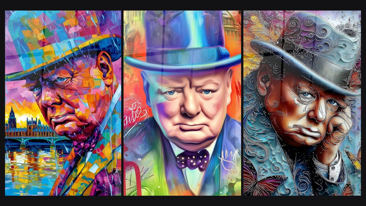 Mosaico di tre quadri: Winston Churchill Aurora Cubista, Ritratto Emozione Catturata e Uomo con cappello Pensiero Turbinante