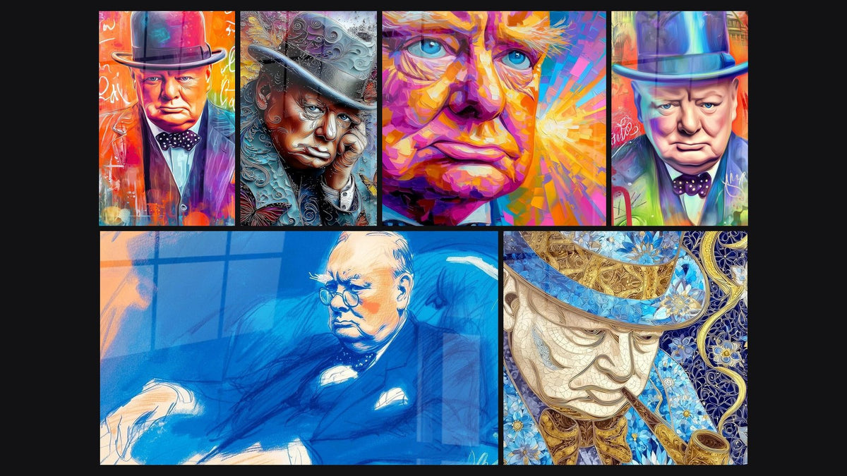 Mosaïque de six tableaux, dont Homme Dignité Silencieuse, Homme au chapeau Pensée Tourbillonnante et Portrait Bleu Profond