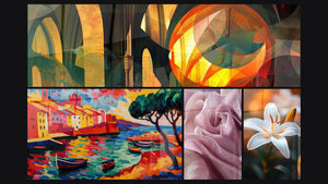 Mosaico de cuatro cuadros, entre ellos Arquitectura gótica abstracta, Pueblo costero mediterráneo y Tulipán N°2