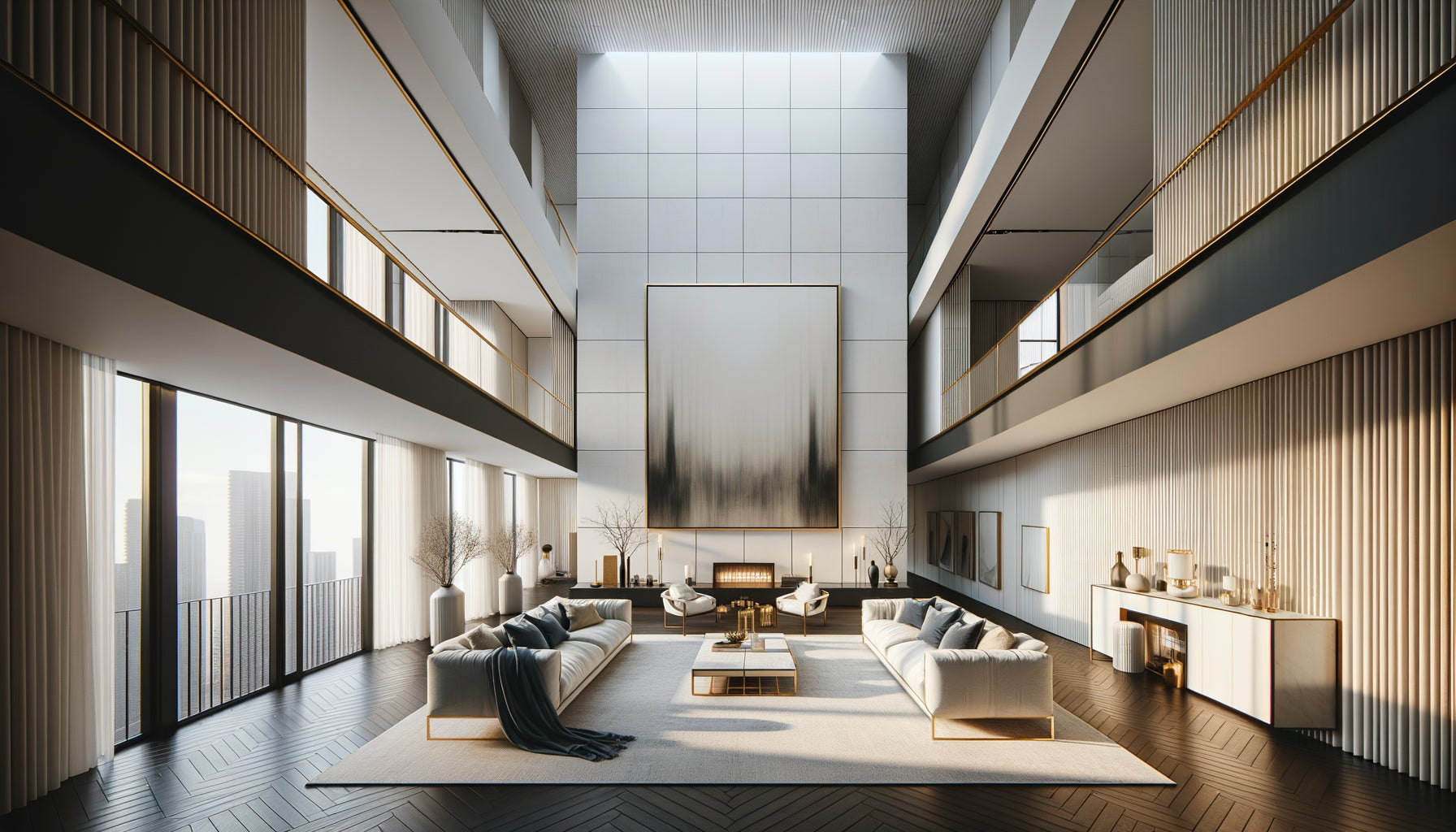 Penthouse Airbnb contemporain avec très haute hauteur sous plafond et tableau XXL parfaitement proportionné sur mur blanc