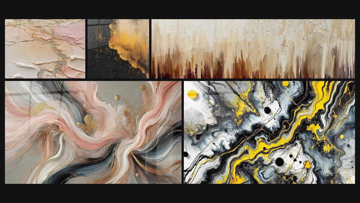 Mosaïque de cinq tableaux, dont Abstrait texturé beige rosé doré, Flots de Soie et Impact Noir
