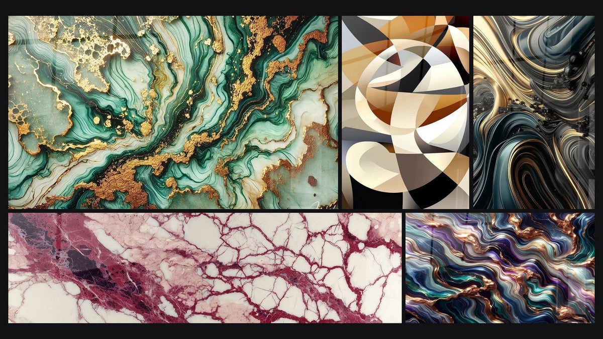 Mosaïque de cinq tableaux, dont Marbrures Mystiques, Veines pourpres et crème sur fond écru et Sérénade Minérale