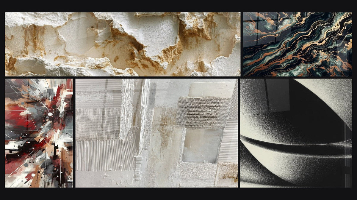 Mosaïque de cinq tableaux, dont Bruit Dynamique Explosive, Sphère abstraite et Flux Aurifère