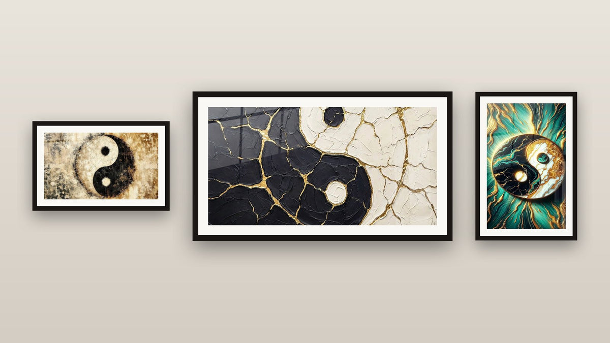 Gallery wall with three framed paintings, including Fusion Energy and Balance