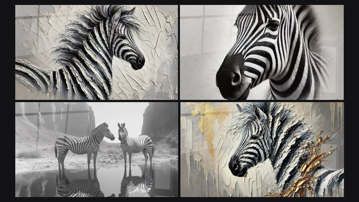 Mosaïque de quatre tableaux, dont Harmonie Rayée, Simplicité Rayée et Zèbre Sérénité monochrome
