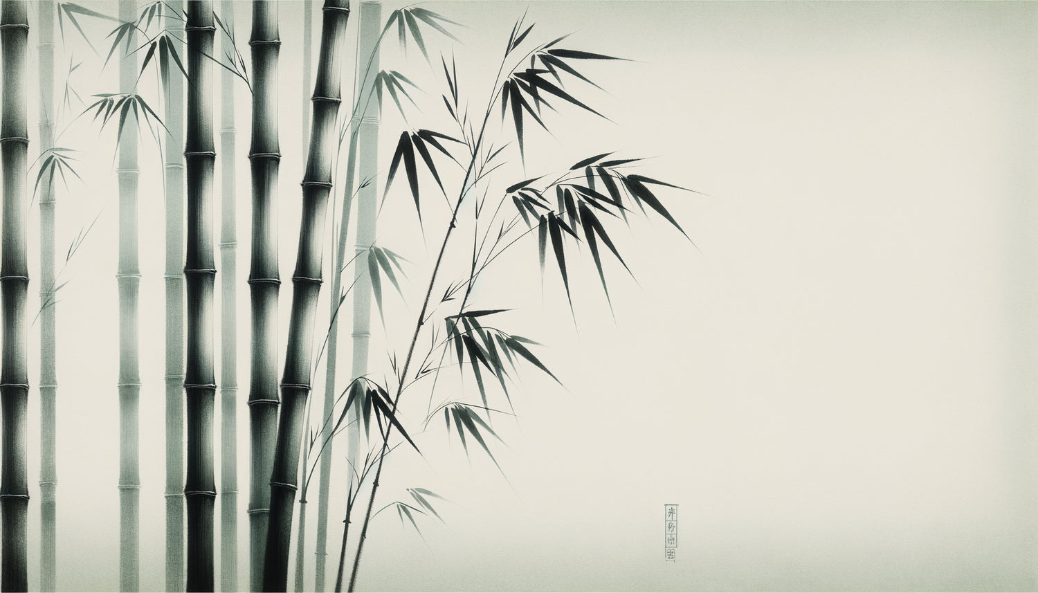 Tableau zen minimaliste avec bambous à l'encre noire sur papier, lignes verticales apaisantes, style sumi-e japonais traditionnel