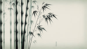 Tableau zen minimaliste avec bambous à l'encre noire sur papier, lignes verticales apaisantes, style sumi-e japonais traditionnel