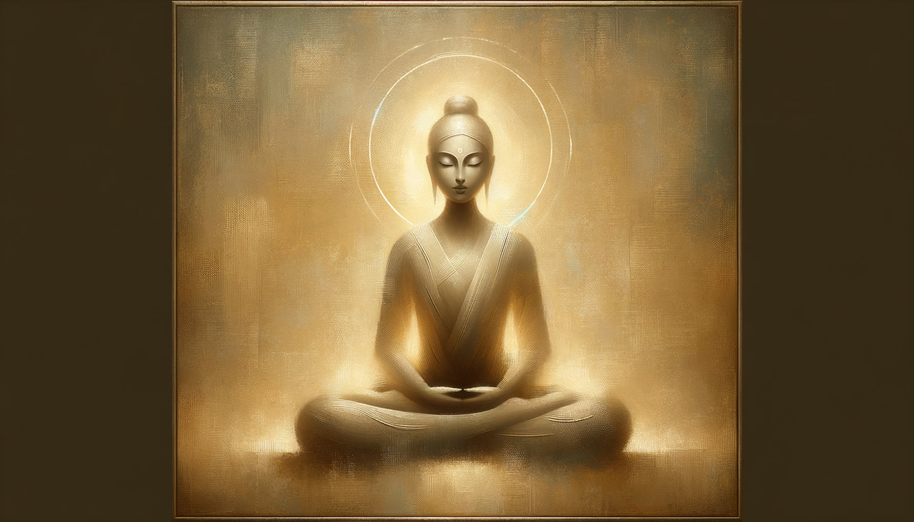 Tableau zen contemporain représentant Bouddha en méditation, tons dorés et beige, ambiance sereine et contemplative pour décoration intérieure