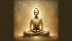 Tableau zen contemporain représentant Bouddha en méditation, tons dorés et beige, ambiance sereine et contemplative pour décoration intérieure