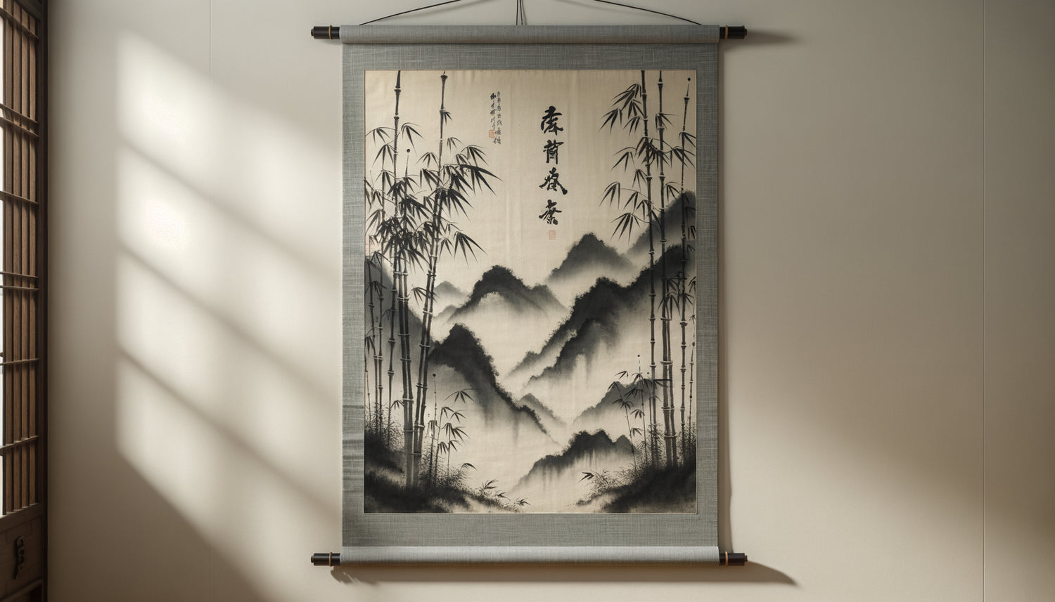 Tableau zen authentique à l'encre de Chine sur papier de riz, bambous et montagnes brumeuses, technique sumi-e traditionnelle