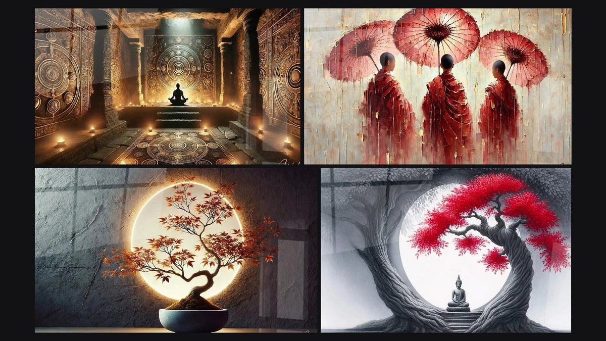 Mosaico de cuatro cuadros, entre ellos Santuario Sagrado, Equilibrio Lumínico y Viaje Meditativo