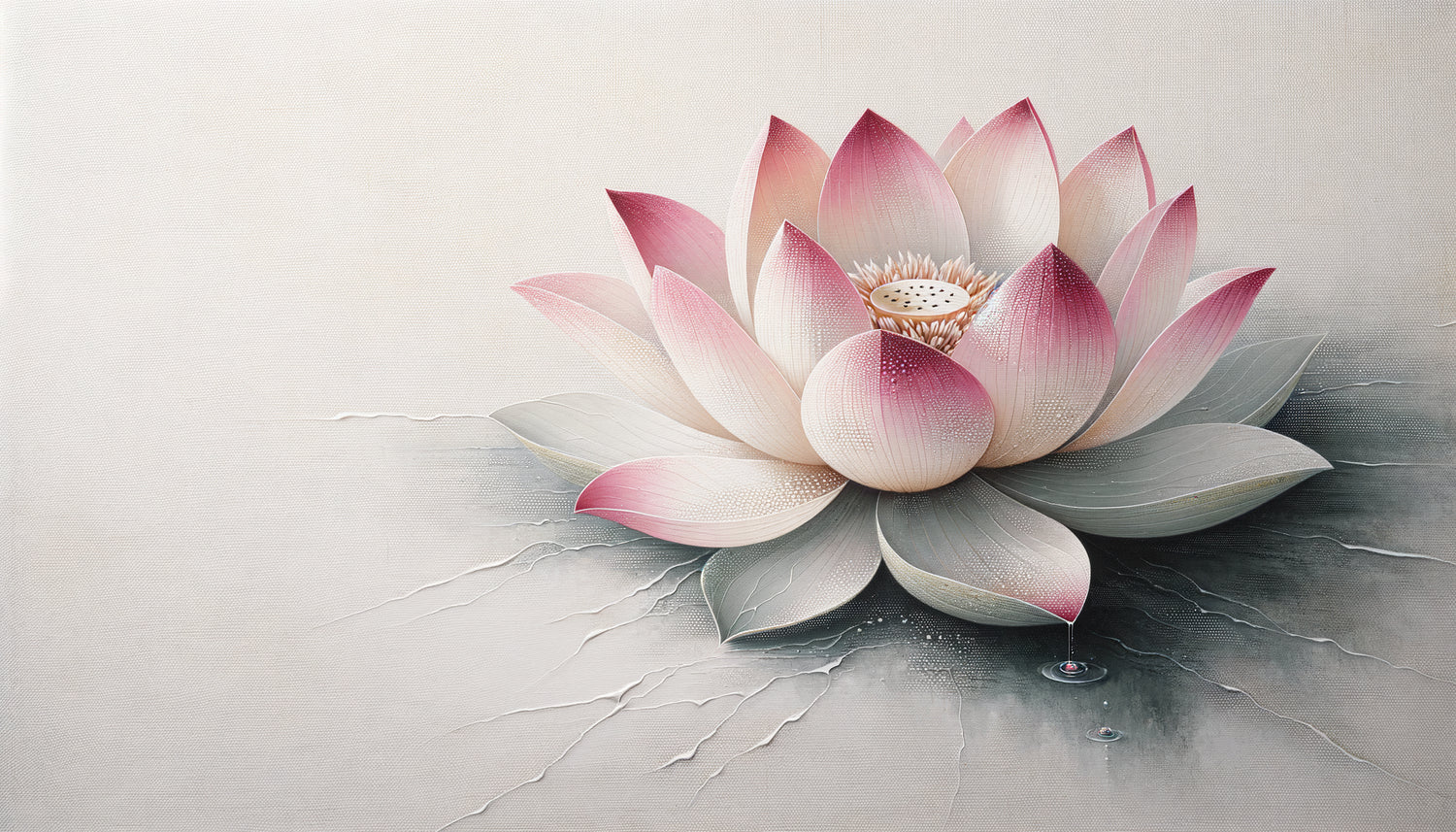 Tableau zen contemporain avec fleur de lotus rose et blanche, style aquarelle minimaliste pour décoration salon apaisant