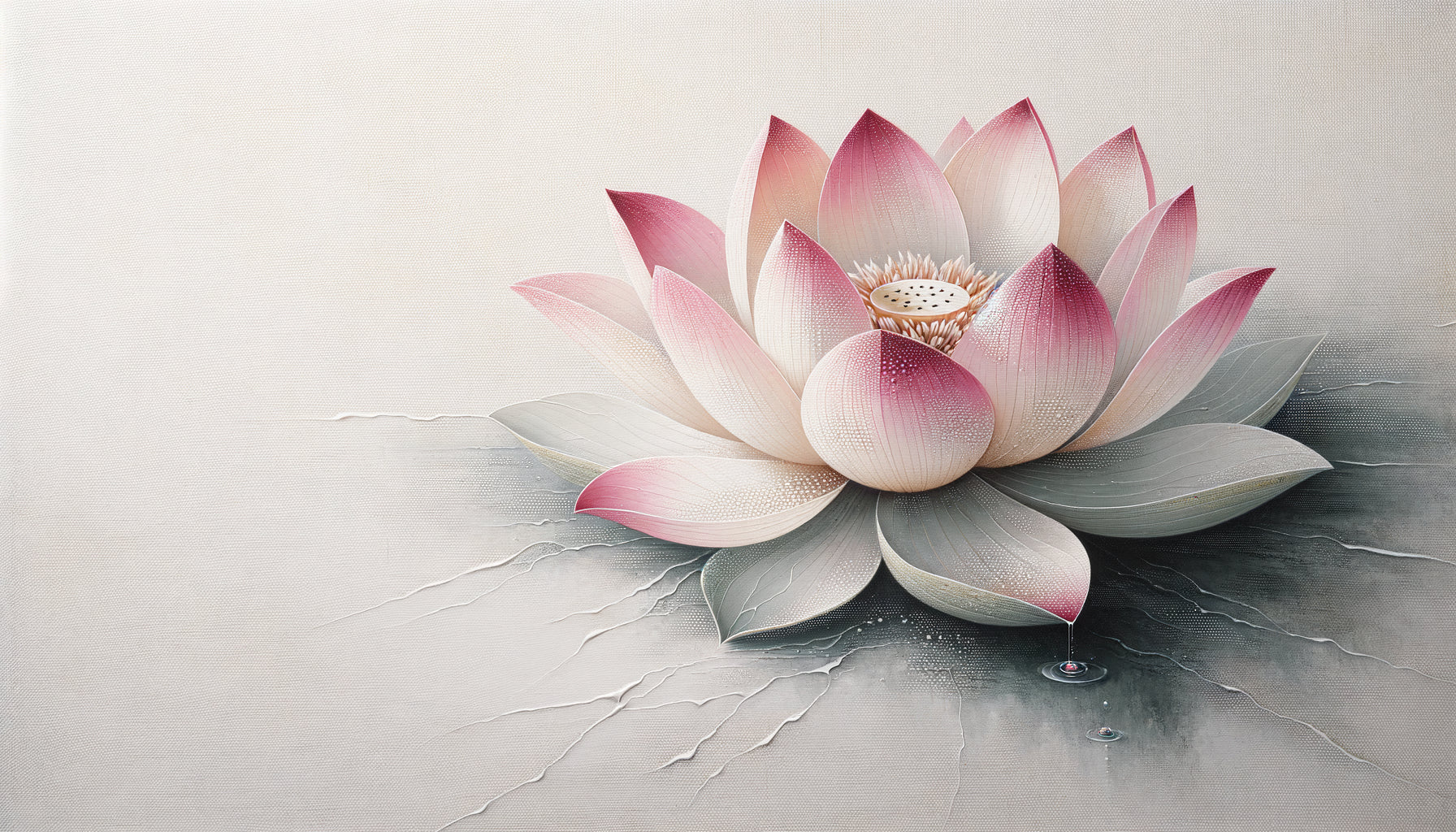 Tableau zen contemporain avec fleur de lotus rose et blanche, style aquarelle minimaliste pour décoration salon apaisant