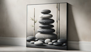 Tableau zen contemporain avec galets empilés en équilibre, composition minimaliste sophistiquée aux tons naturels gris et beige