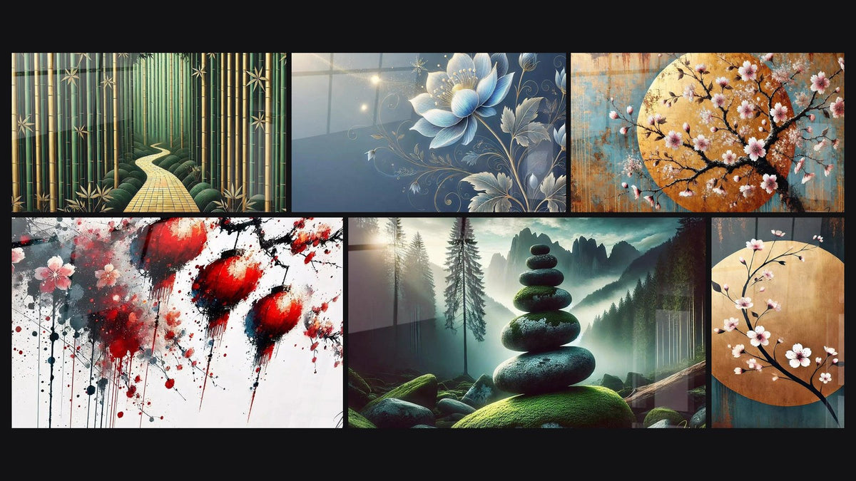 Mosaico di sei quadri, tra cui Fortezza Organica, Fiori e Lanterne e Fiore di Luce