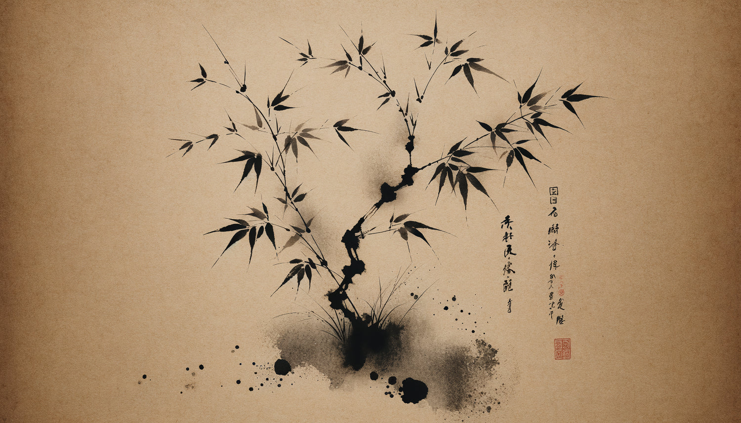 Peinture zen japonaise traditionnelle à l'encre sumi-e, bambou minimaliste, espace vide ma, esthétique wabi-sabi
