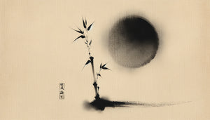 Peinture zen japonaise traditionnelle à l'encre sumi-e, bambou minimaliste sur papier de riz avec vaste espace vide contemplatif