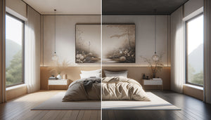 Comparaison chambre zen avec tableau minimaliste épuré versus œuvre détaillée pour décoration apaisante