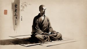 Peinture zen traditionnelle à l'encre représentant un moine bouddhiste en méditation, style sumi-e, composition minimaliste et contemplative