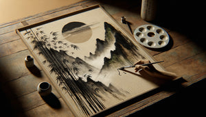 Tableau zen original peint main avec coups de pinceau visibles, bambous et montagnes brumeuses, création artisanale authentique