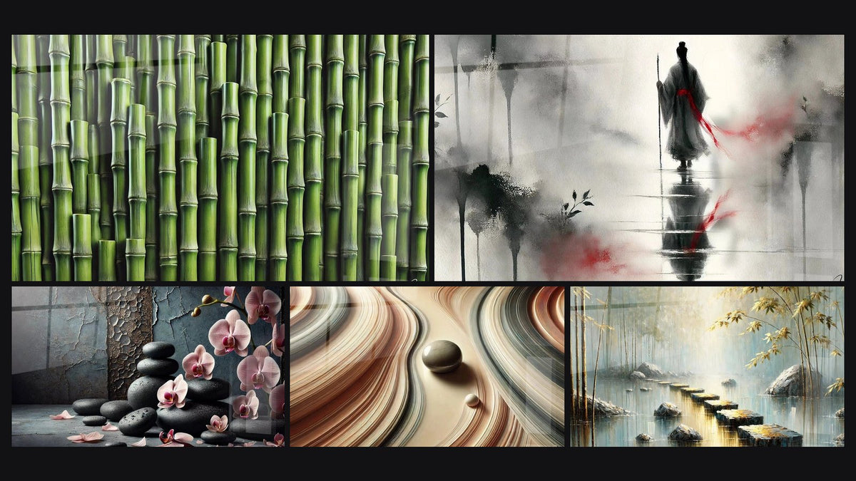 Mosaïque de cinq tableaux, dont Lignes de Nature, Pierres et Pétales et Lignes et Perspectives