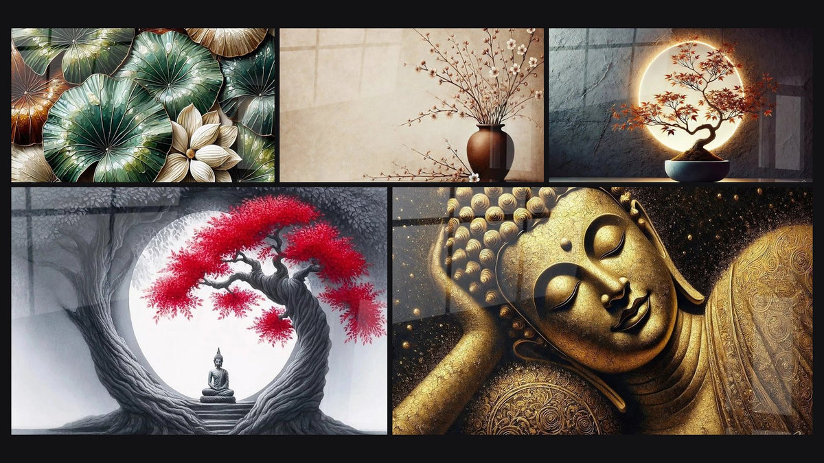 Mosaic of five paintings, including Garden of Reflections, Natural Harmony and Luminous Balance