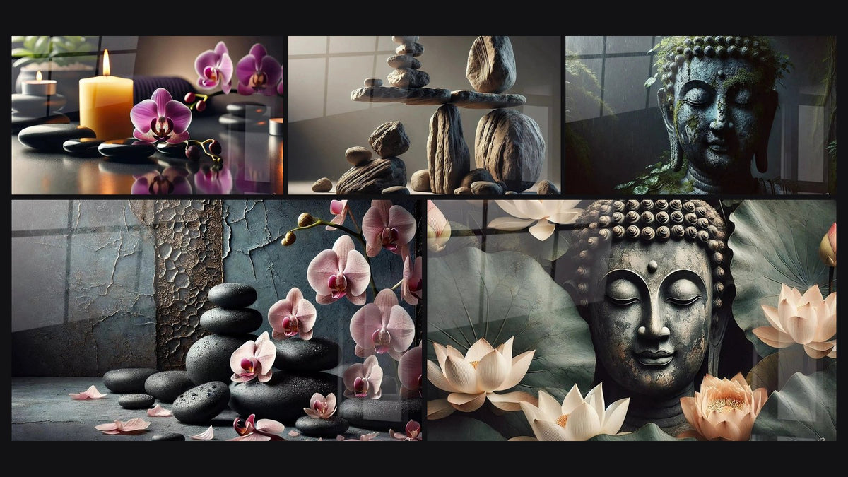 Mosaïque de cinq tableaux, dont Fragilité Lumineuse, Pierres et Pétales et Éphémère Stabilité