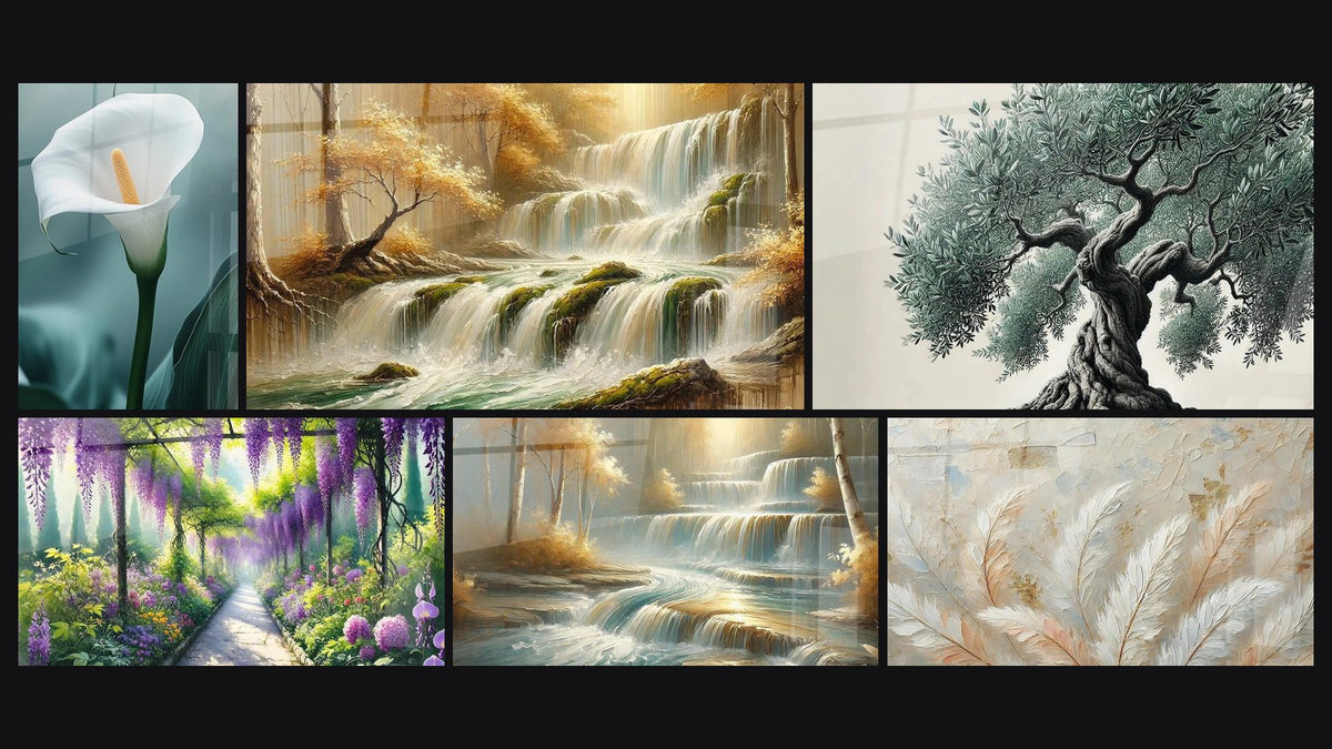 Mosaïque de six tableaux, dont Arum N°3, Éclat de Printemps et Chute de Lumière