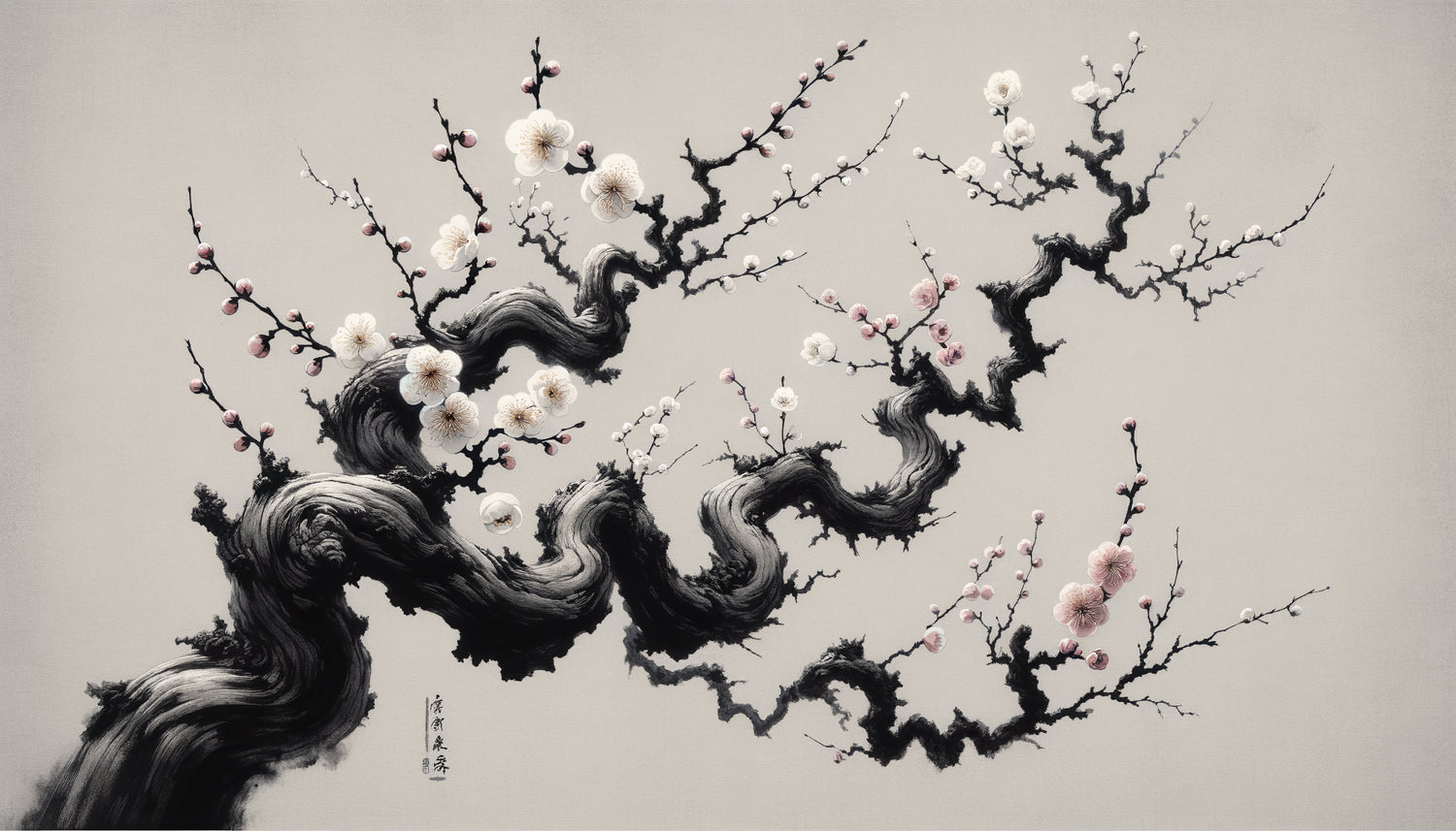 Peinture zen traditionnelle à l'encre : fleurs de prunier délicates sur branches anciennes noueuses, symbolisant résilience spirituelle