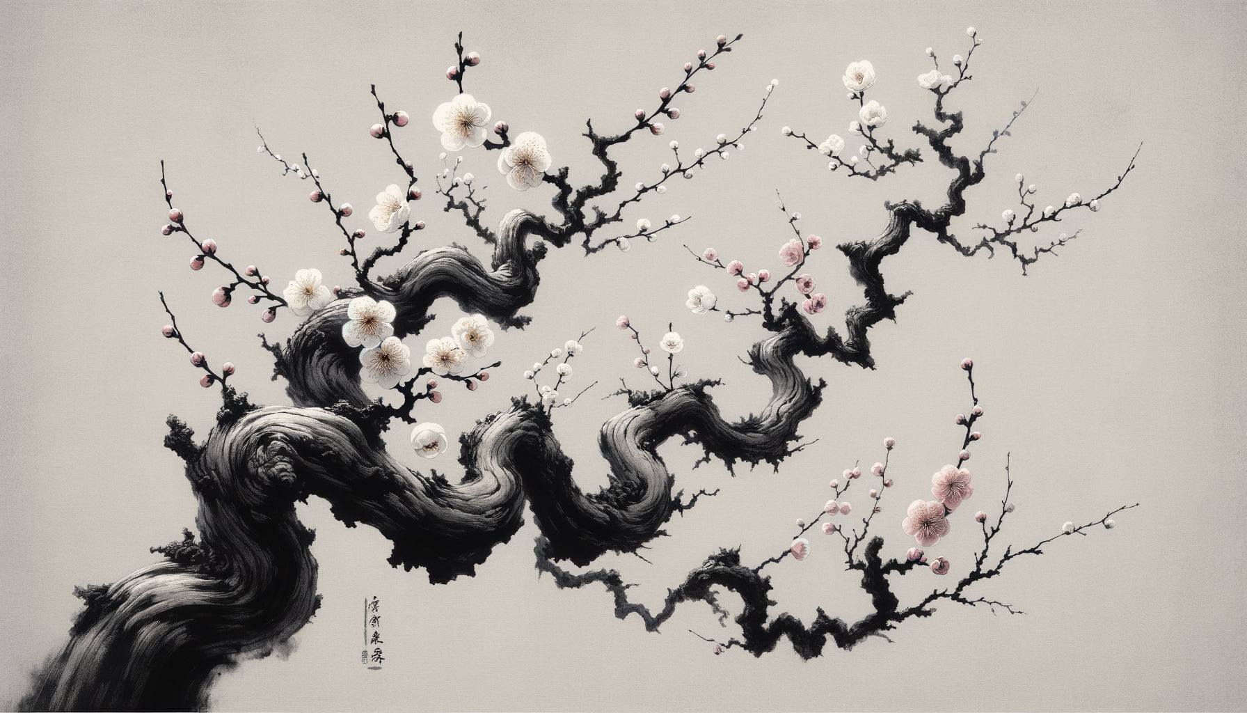 Peinture zen traditionnelle à l'encre : fleurs de prunier délicates sur branches anciennes noueuses, symbolisant résilience spirituelle