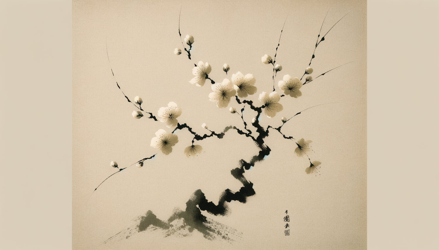 Peinture zen minimaliste avec branche de cerisier à l'encre sur papier texturé, tons naturels apaisants