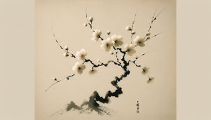 Peinture zen minimaliste avec branche de cerisier à l'encre sur papier texturé, tons naturels apaisants