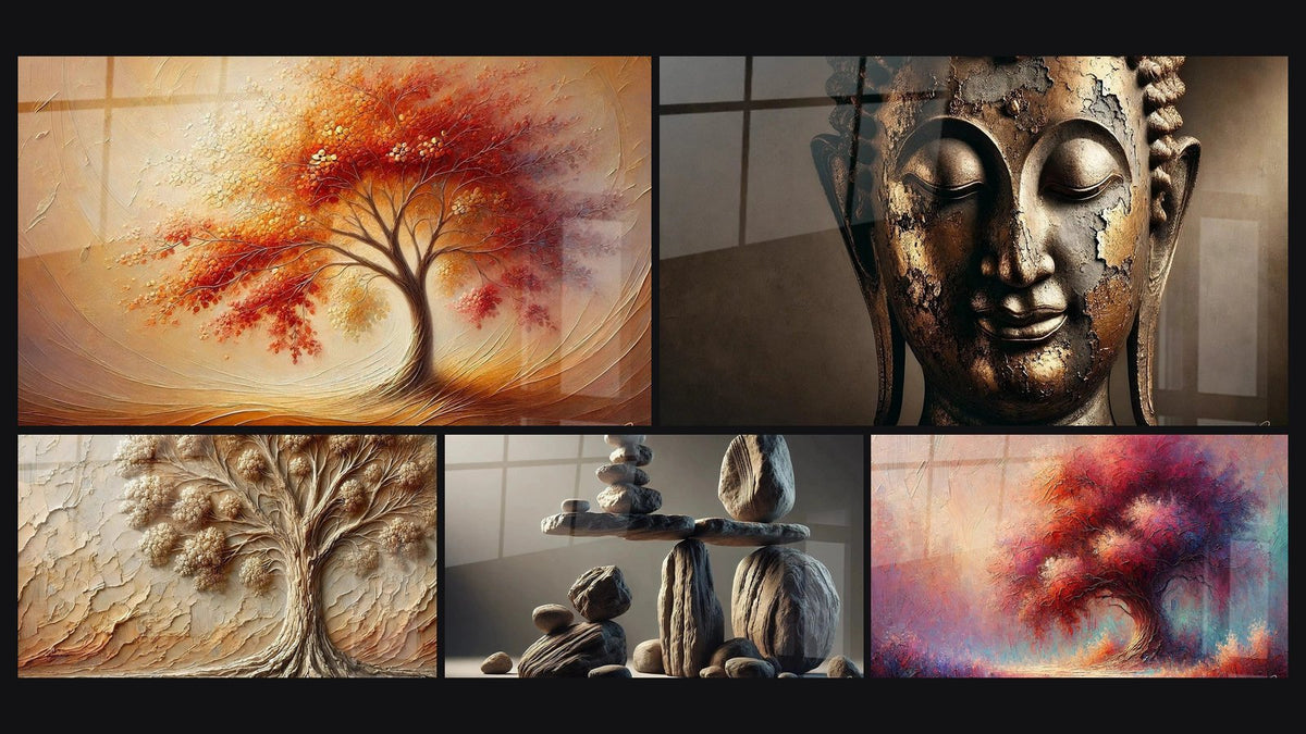 Mosaïque de cinq tableaux, dont Danse des Saisons, Arbre d'Antan et Éphémère Stabilité