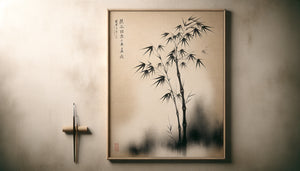 Peinture zen traditionnelle sumi-e à l'encre minimaliste représentant un bambou sur papier de riz, esthétique contemplative