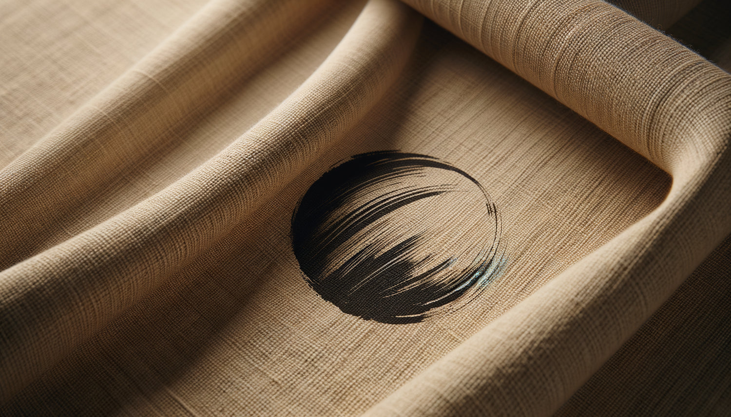 Détail macro d'une toile de lin naturel brut avec peinture zen minimaliste, texture organique des fibres visible