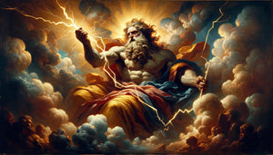 Peinture néoclassique de Zeus aux couleurs dramatiques contrastées, tons chauds dorés et bleus froids intenses