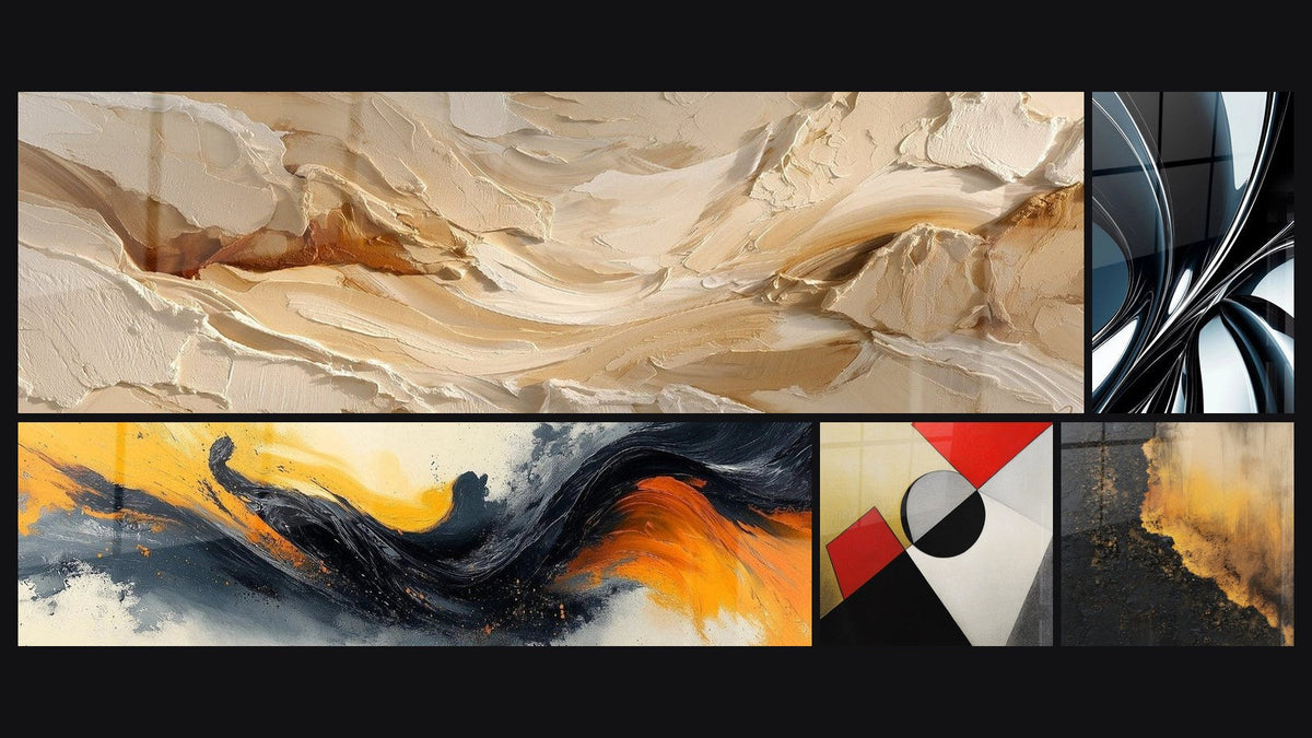 Mosaico de cinco cuadros, entre ellos Sinfonía Contrastada Negra, Espiral metálico cromado y Formas geométricas de colores
