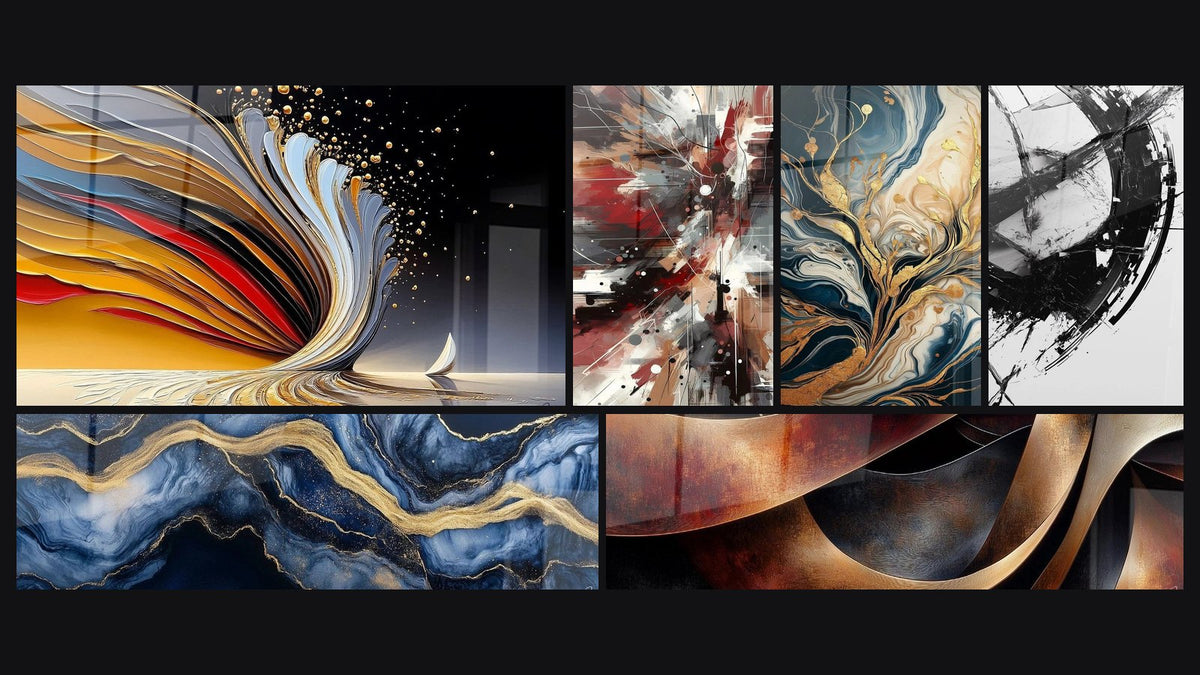 Mosaïque de six tableaux, dont Tourbillon dynamique doré, Marbre Liquide Éternité Bleu et Sinuosités Méditation Ocre